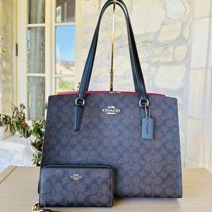 COACH Tatum Carryall Tote/ Zip Wallet Signature Canvas & Leather Brown Black NWT